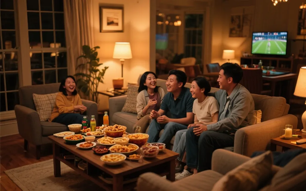 家庭派对观看世界杯决赛，餐桌摆放小食与饮料，温暖灯光