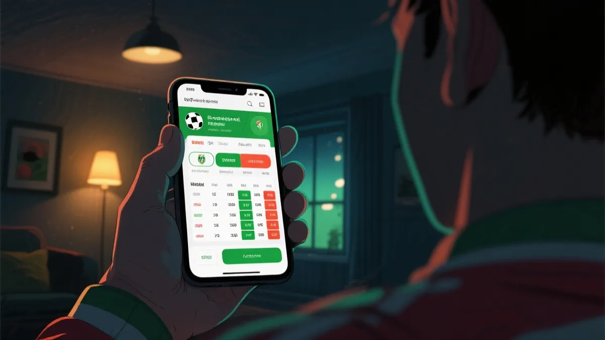 球迷在夜晚用手机查看预选赛积分榜与赛程的写实插画风格画面